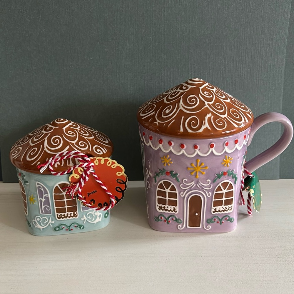 ANTHROPOLOGIE GINGERBREAD STONEWARE MUG AND SUGAR BOWL PURPLE BLUE NEW